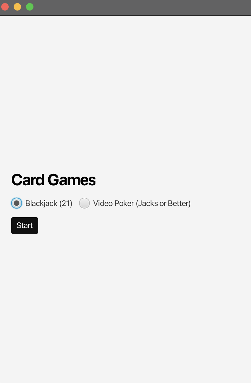Java Blackjack and Video Poker home screen